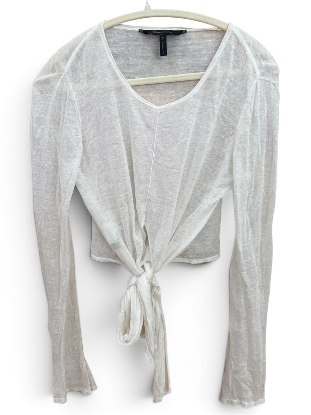 BCBGMAXAZRIA Karsyn Linen Blend‎ Tie Front Top White Sheer Coastal Small